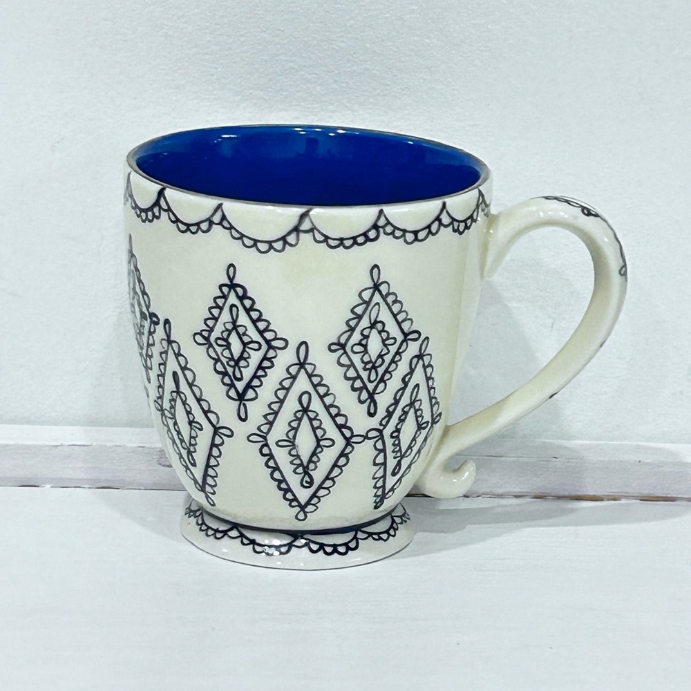 Vintage‎ Starbucks 2002 Barista Footed Coffee Mug| Black Lace Diamond Cream Blue